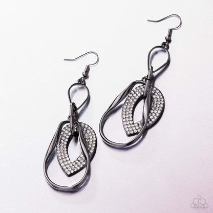 Teardrop Triumph - Black Gunmetal White Rhinestone Fishhook Earrings - Paparazzi Accessories
