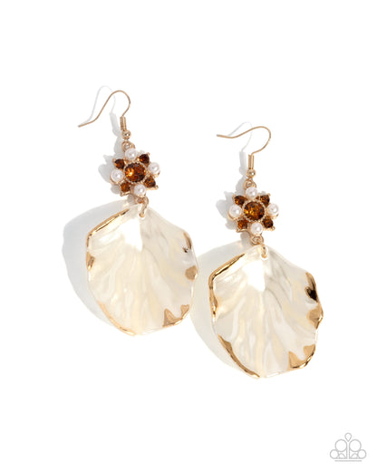 Coastal Candidate - Brown Rhinestone Shell Gold Fishhook Earrings - Paparazzi Accessories