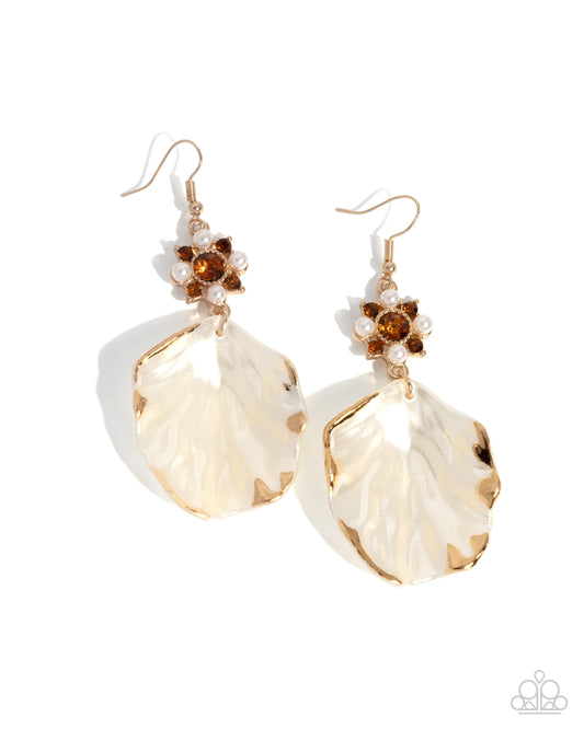 Coastal Candidate - Brown Rhinestone Shell Gold Fishhook Earrings - Paparazzi Accessories