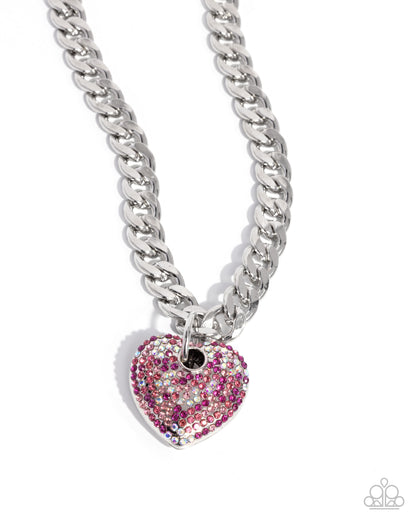 Ardent Affection - Pink Rhinestone Heart Silver Curb Chain Necklace - Paparazzi Accessories