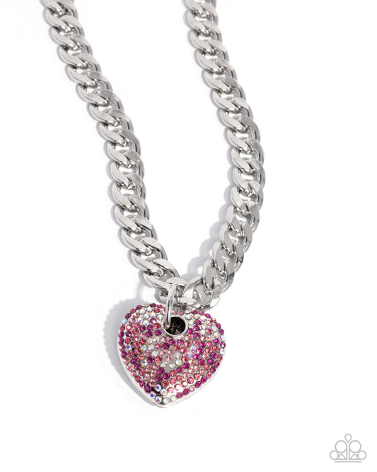 Ardent Affection - Pink Rhinestone Heart Silver Curb Chain Necklace - Paparazzi Accessories