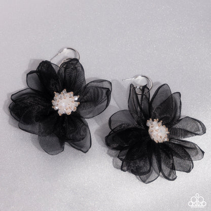 Cosmopolitan Chiffon - Black Flower Drop Hoop Earrings - Paparazzi Accessories