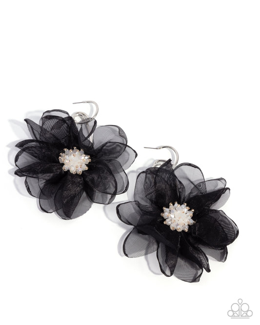 Cosmopolitan Chiffon - Black Flower Drop Hoop Earrings - Paparazzi Accessories