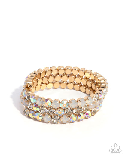 Iridescent Incantation - Gold & Iridescent Rhinestone Coil Bracelet - Paparazzi Accessories