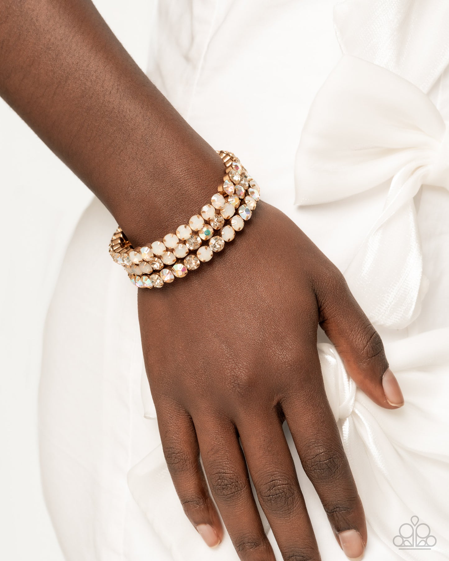 Iridescent Incantation - Gold & Iridescent Rhinestone Coil Bracelet - Paparazzi Accessories