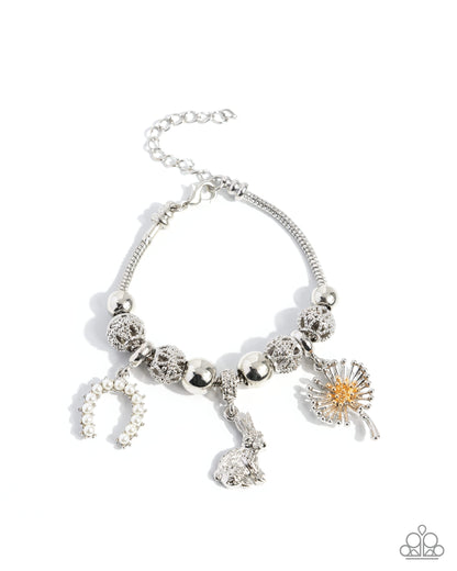 Graceful Godsend - White Charms Silver Clasp Bracelet - February 2025 Life of the Party Exclusive - Paparazzi Accessories