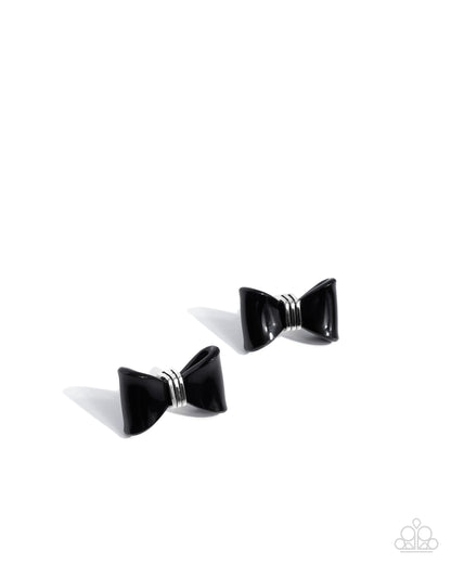 Spruced Up - Black Acrylic Bow Silver Post Earrings - Paparazzi Accessories