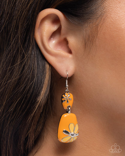 Floral Familia - Orange Enamel Silver Fishhook Earrings - Paparazzi Accessories