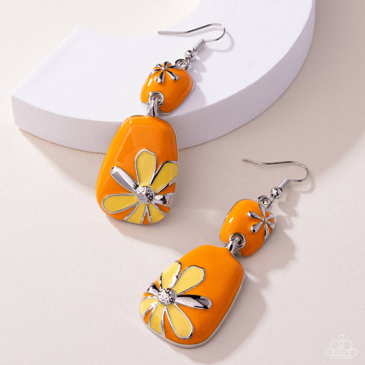 Floral Familia - Orange Enamel Silver Fishhook Earrings - Paparazzi Accessories