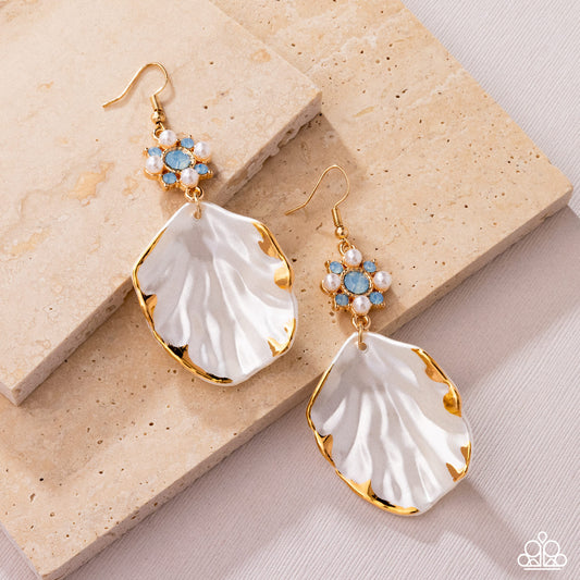 Coastal Candidate - Blue Opalescent Rhinestone, Pearl Shell Gold Fishhook Earrings - Paparazzi Accessories