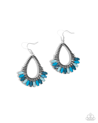 Pronged Pattern - Blue Marquise Gem Silver Teardrop Fishhook Earrings - Paparazzi Accessories