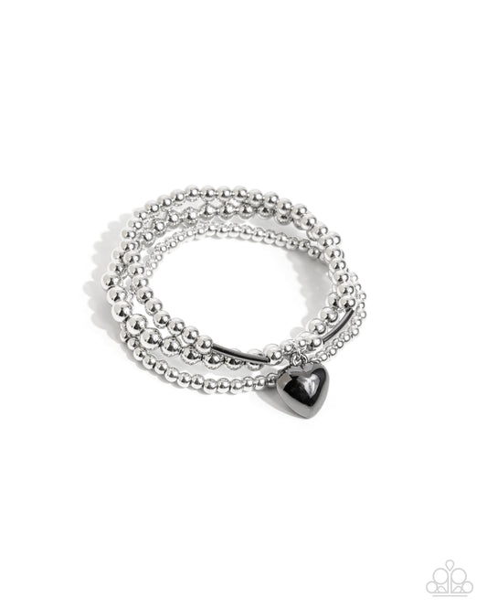 Engaged Explorer - Black, Gunmetal Heart Charm Silver Stretchy Bracelet - Paparazzi Accessories