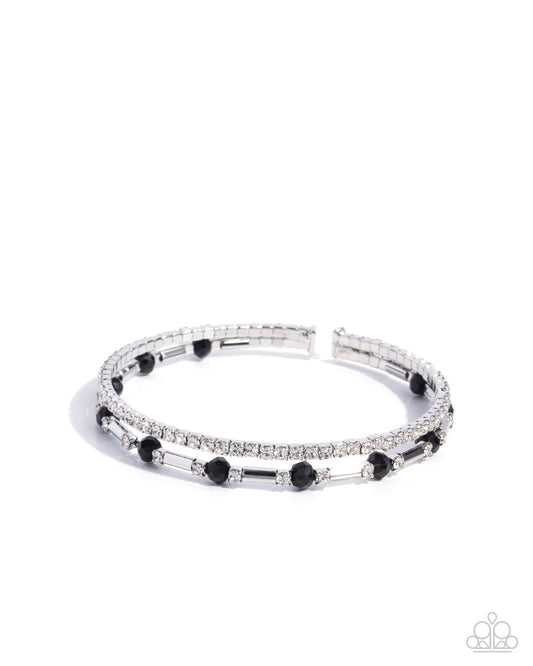 Publicity Pizzazz - Black Onyx Beads White Rhinestone Silver Flex Cuff Bracelet - Paparazzi Accessories