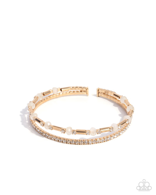 Publicity Pizzazz - Gold - White Beads & Rhinestones Flex Cuff Bracelet - Paparazzi Accessories