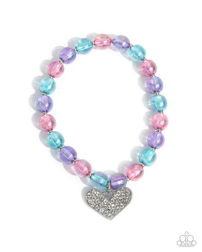 Polished Promise - Purple Iridescent Beads Silver Heart Charm Stretchy Bracelet - Paparazzi Accessories
