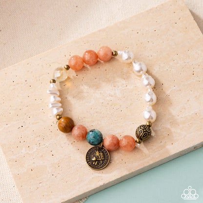 Chic Currency - Orange Stone White Pearl Brass Stretchy Bracelet - Paparazzi Accessories