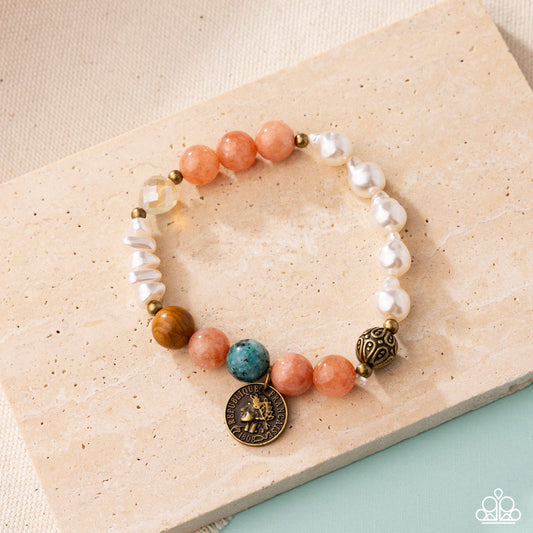 Chic Currency - Orange Stone White Pearl Brass Stretchy Bracelet - Paparazzi Accessories