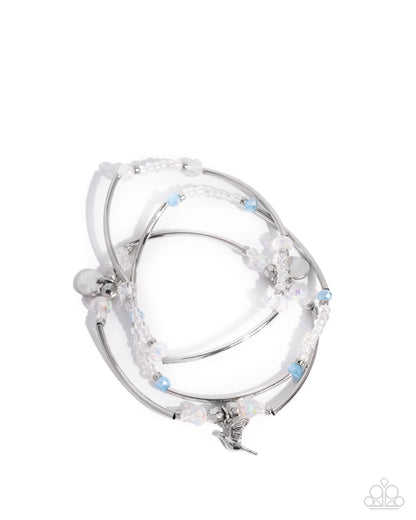 Generational Glitz - Blue Beads Silver Hummingbird Charm Stretchy Bracelets - Paparazzi Accessories