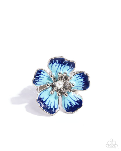 Floral Fit - Blue Enamel Flower Silver Ring - Paparazzi Accessories