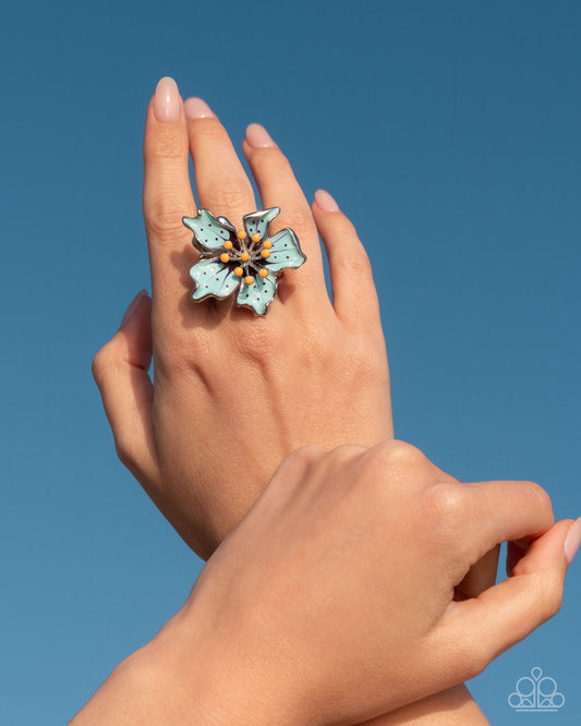 Fast Florals - Blue Enamel Flower Silver Ring - Paparazzi Accessories