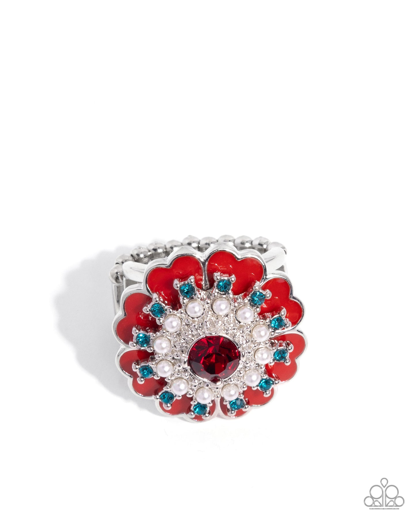 Gallery Glitz - Red Enamel, White Pearl, Blue Rhinestone Silver Ring - Paparazzi Accessories