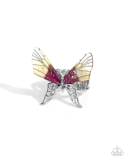 Light Landing - Yellow to Pink Ombre Acrylic Butterfly Silver Ring - Paparazzi Accessories