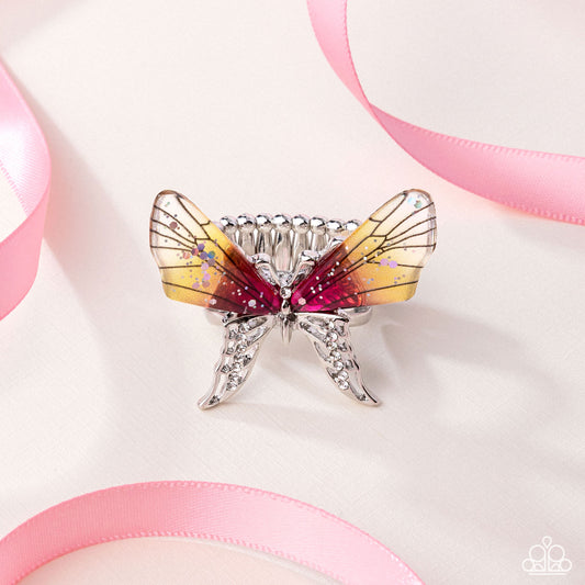 Light Landing - Yellow to Pink Ombre Acrylic Butterfly Silver Ring - Paparazzi Accessories