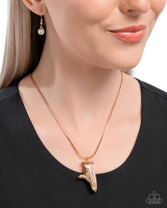 Sneaker Shimmer - Gold & White Rhinestone Shoe Pendant Necklace - Paparazzi Accessories