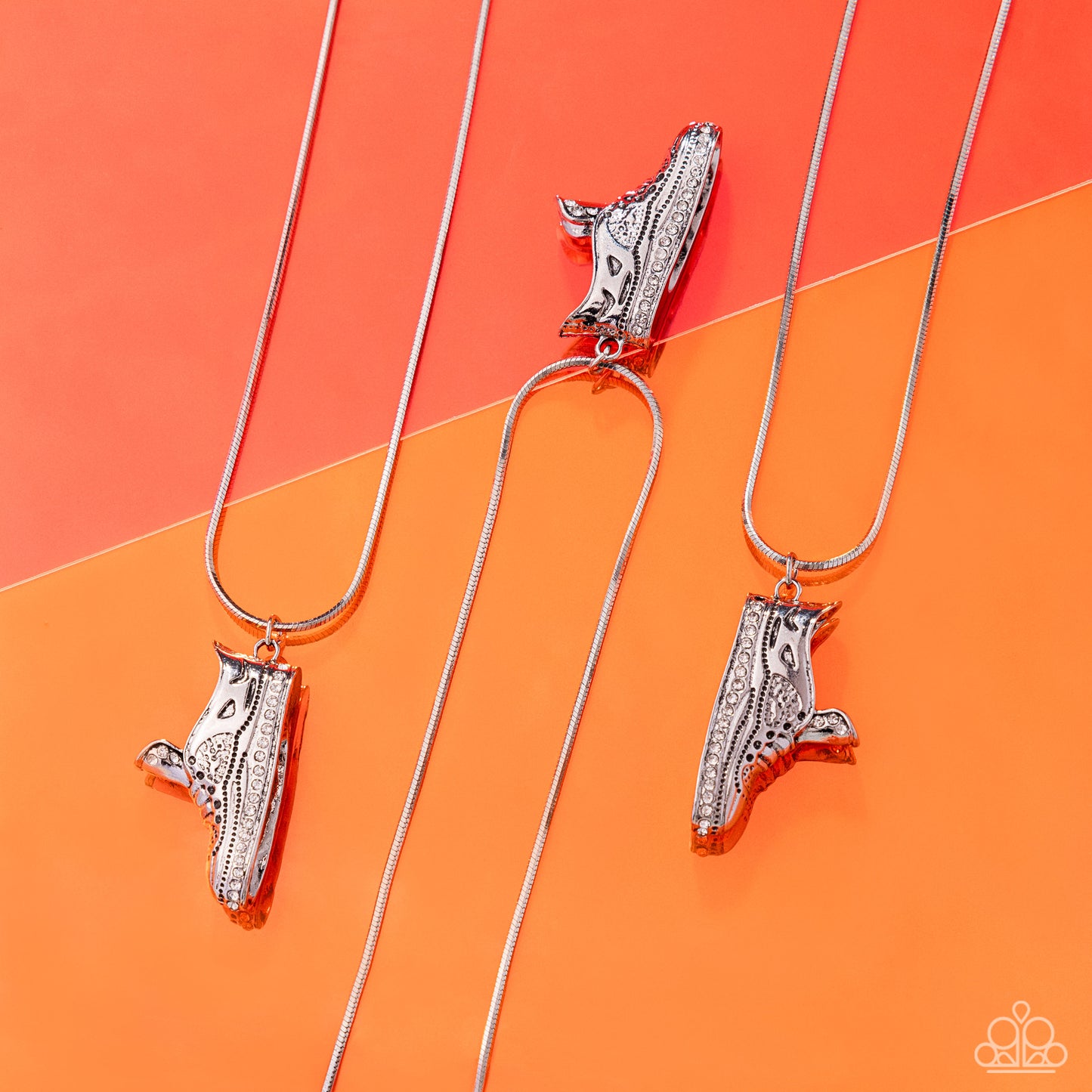 Sneaker Shimmer - White Rhinestone Silver Shoe Pendant Necklace - Paparazzi Accessories