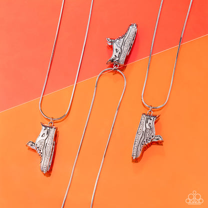 Sneaker Shimmer - White Rhinestone Silver Shoe Pendant Necklace - Paparazzi Accessories