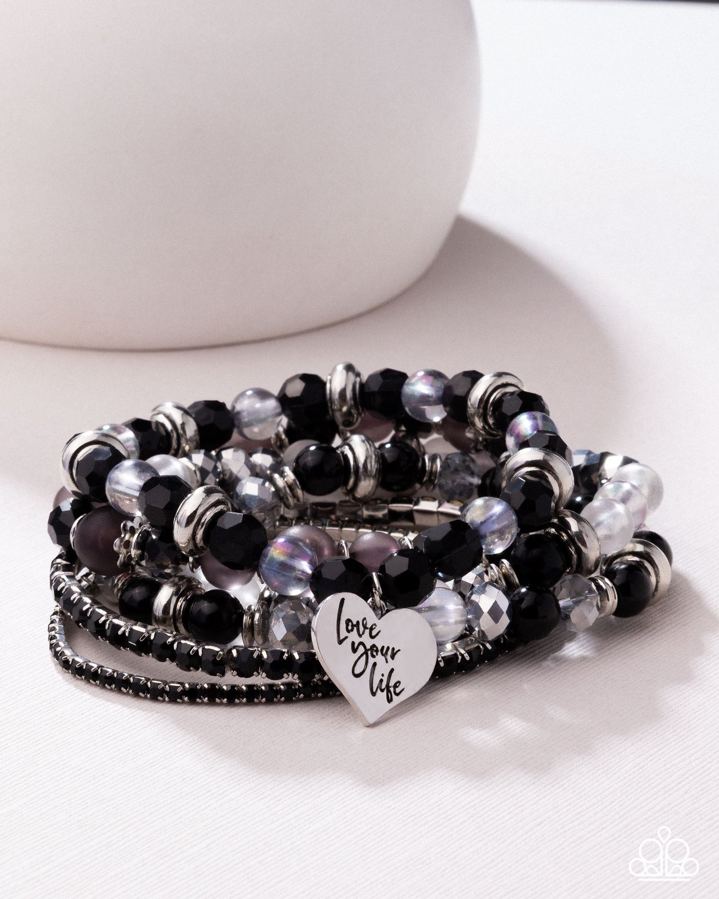 Optimistic Opulence - Black Beaded Stretchy, Silver "love your life" Heart Charm Bracelet - Pink Diamond Exclusive - Paparazzi Accessories