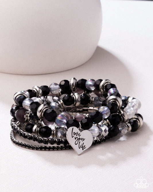 Optimistic Opulence - Black Beaded Stretchy, Silver "love your life" Heart Charm Bracelet - Pink Diamond Exclusive - Paparazzi Accessories