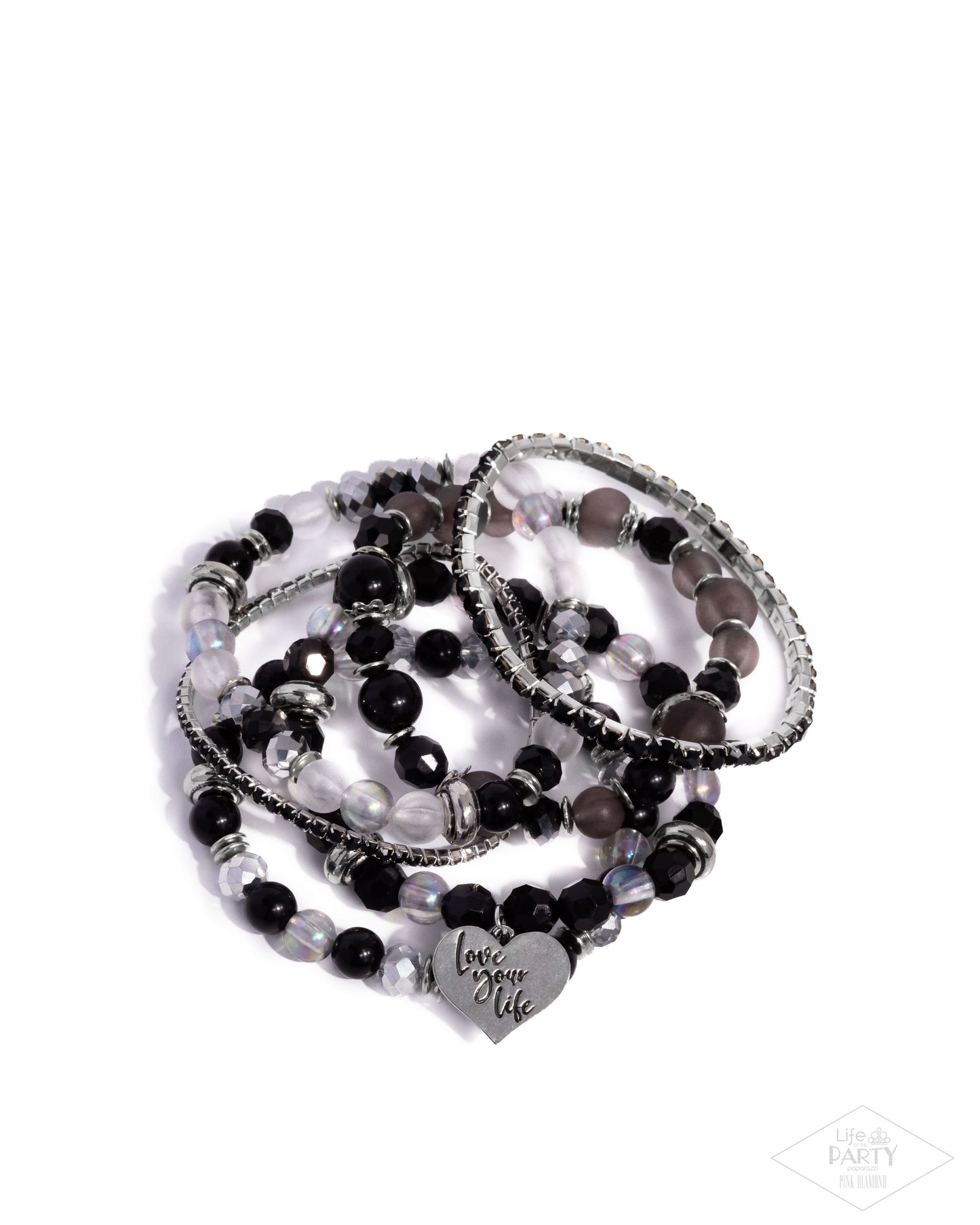 Optimistic Opulence - Black Beaded Stretchy, Silver "love your life" Heart Charm Bracelet - Pink Diamond Exclusive - Paparazzi Accessories
