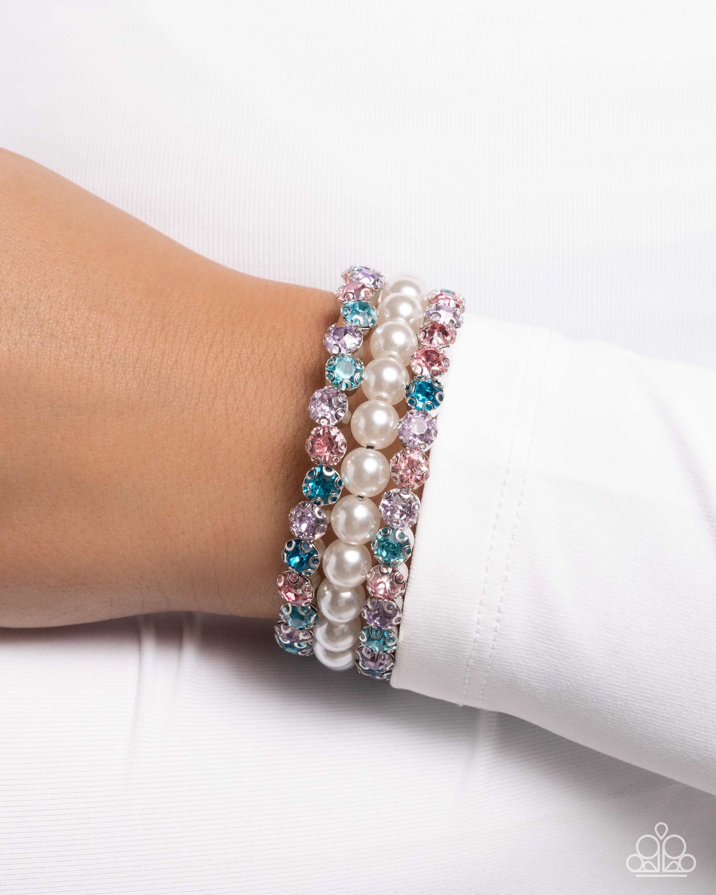 Grandiose Glitz - Multi Rhinestone White Pearl Silver Coil Bracelet  - Paparazzi Accessories