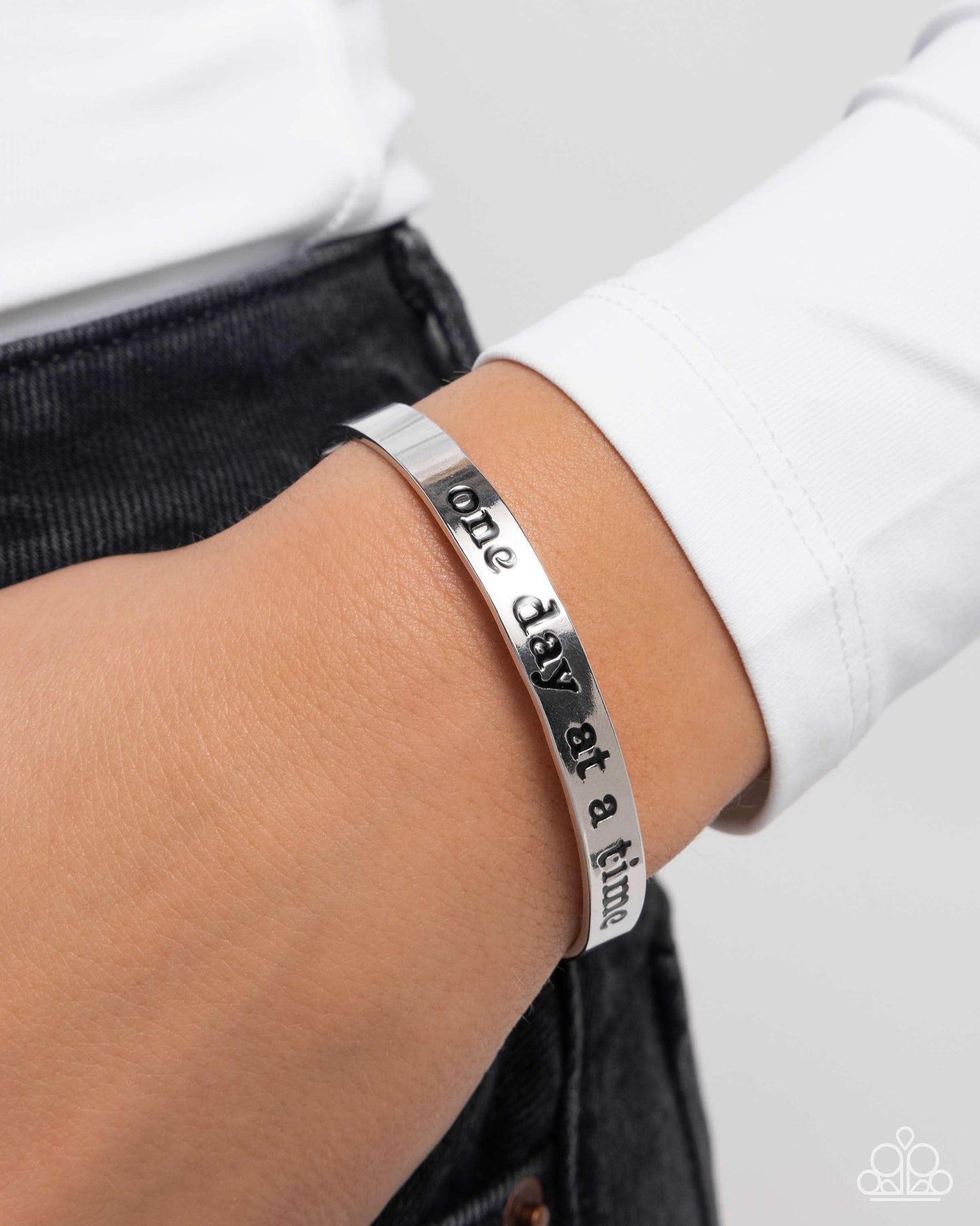 Day By Day Delight - Silver "one day at a time" Cuff Bracelet - Paparazzi Accessories