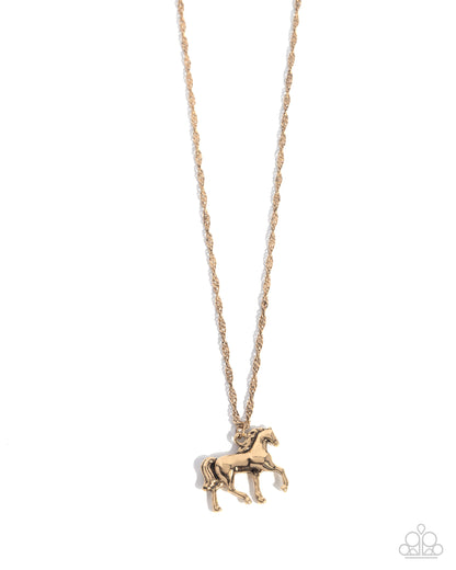 Stallion Statement - Gold Horse Pendant Necklace - Paparazzi Accessories
