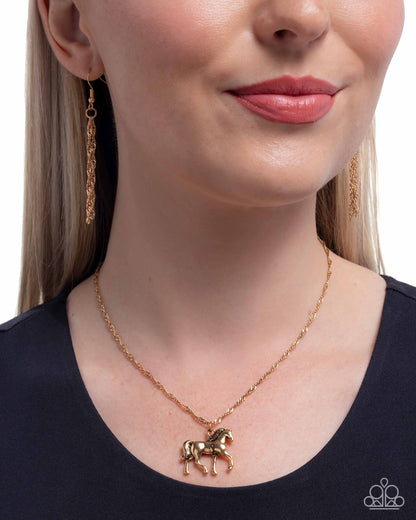 Stallion Statement - Gold Horse Pendant Necklace - Paparazzi Accessories