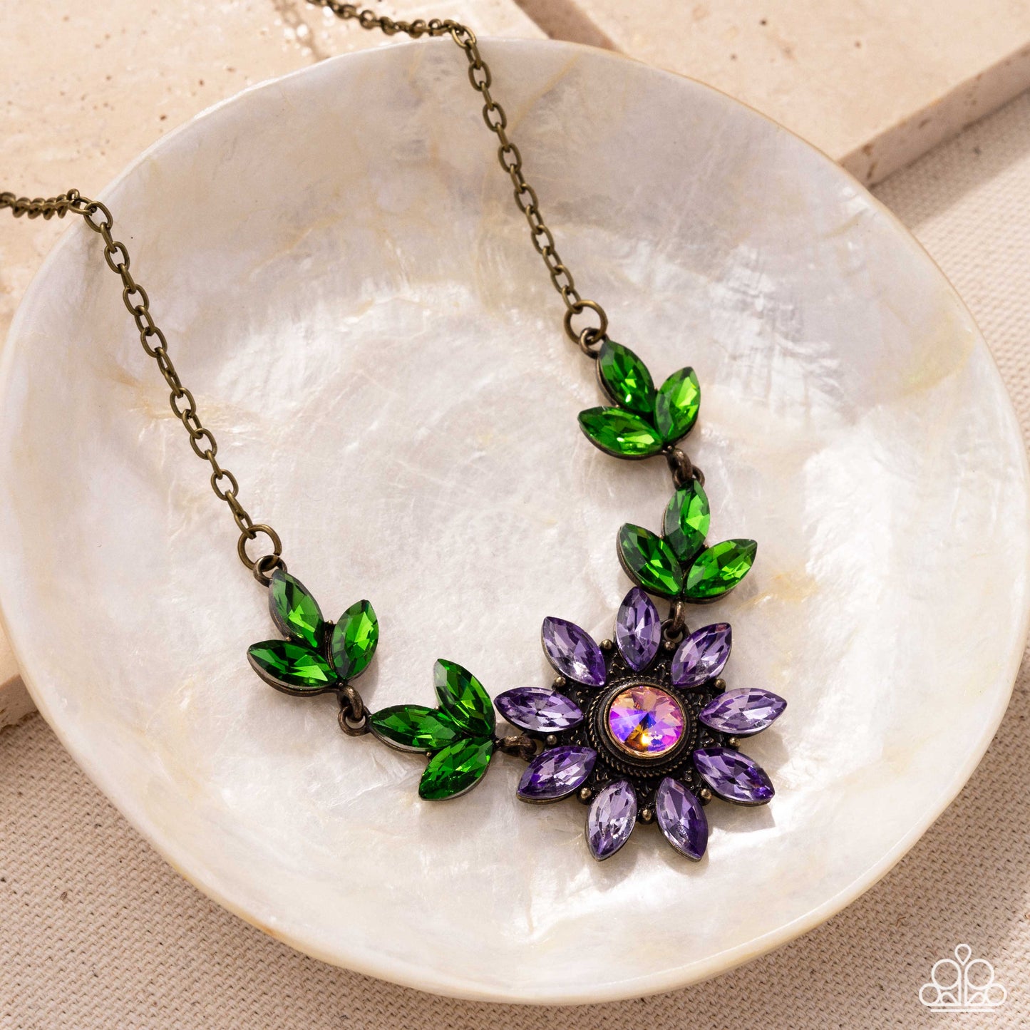 Blossoming Baseline - Brass & UV Rhinestone Gem Necklace - Paparazzi Accessories