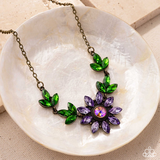 Blossoming Baseline - Brass & UV Rhinestone Gem Necklace - Paparazzi Accessories