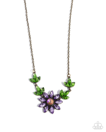 Blossoming Baseline - Brass & UV Rhinestone Gem Necklace - Paparazzi Accessories