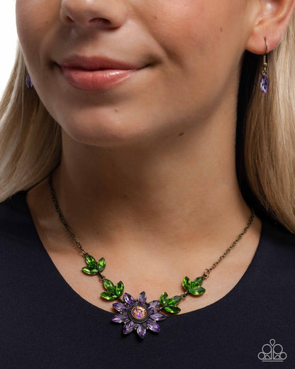 Blossoming Baseline - Brass & UV Rhinestone Gem Necklace - Paparazzi Accessories