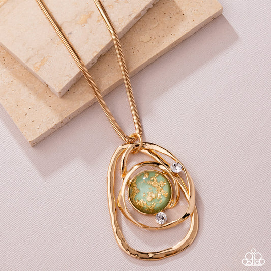 Abstract Advance - Green Bead Gold Foil Flecked Gold Pendant Necklace - Paparazzi Accessories