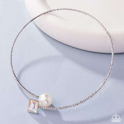 Euphoric Elegance - Multi Rhinestone White Pearl Silver Flexible Collar Necklace - March 2025 Life of the Party Exclusive - Paparazzi Accessories