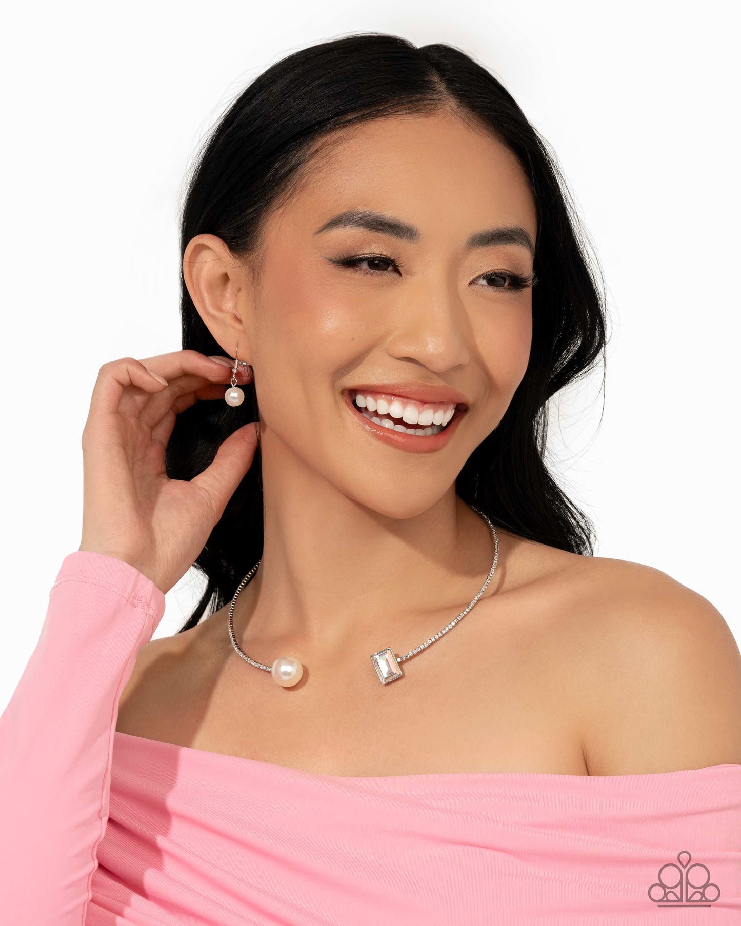 Euphoric Elegance - Multi Rhinestone White Pearl Silver Flexible Collar Necklace - March 2025 Life of the Party Exclusive - Paparazzi Accessories