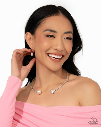 Euphoric Elegance - Multi Rhinestone White Pearl Silver Flexible Collar Necklace - March 2025 Life of the Party Exclusive - Paparazzi Accessories