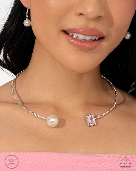 Euphoric Elegance - Multi Rhinestone White Pearl Silver Flexible Collar Necklace - March 2025 Life of the Party Exclusive - Paparazzi Accessories
