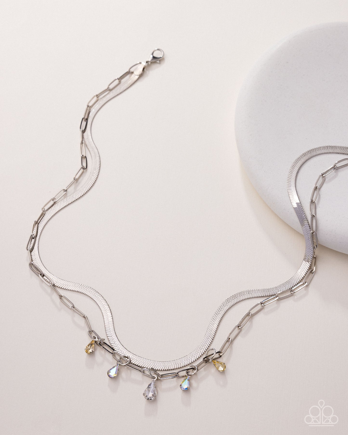 Suave Shimmy - Yellow and White Iridescent Rhinestone Necklace - Paparazzi Accessories