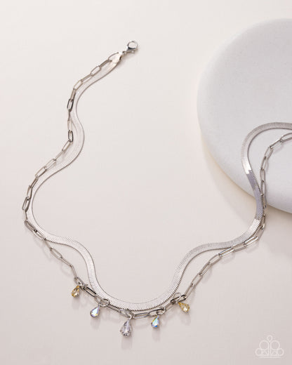 Suave Shimmy - Yellow and White Iridescent Rhinestone Necklace - Paparazzi Accessories