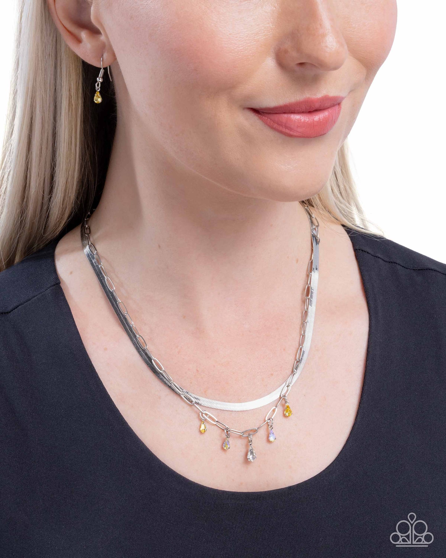 Suave Shimmy - Yellow and White Iridescent Rhinestone Necklace - Paparazzi Accessories