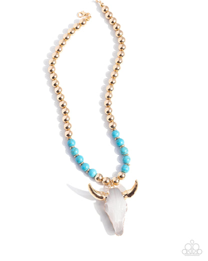 Timeless Texan - Blue Crackle Stone Gold Longhorn Skull Necklace - Paparazzi Accessories